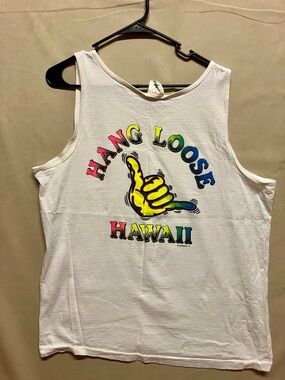 VTG Hang Loose Hawaii Shirt Mens XL White Muscle Tank Top Graphic 80s Neon USA